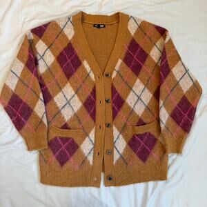 Steve Madden Lexie Tan/Eggplant/White, Wool, Argyle, V-Neck Cardigan NWOT- M